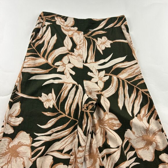 Rachel Zoe Dark Olive Tan Tropical Print Linen Blend Wide Leg Pant M - Picture 2 of 7